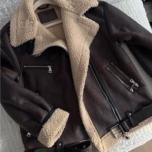 Zara Leather Jacket Brown and Cream with Cozy Sherpa Lining